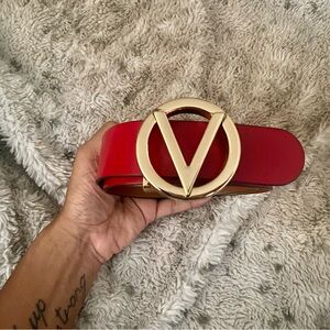 Valentino By Mario Valentino Red Belt with Gold V Buckle